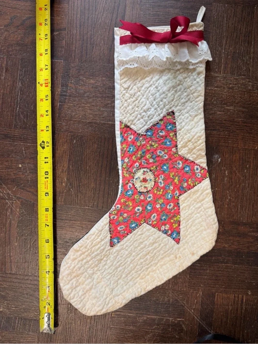 VTG Cutter Quilt Style Handmade Christmas Stocking Floral Lace Star Appliqué